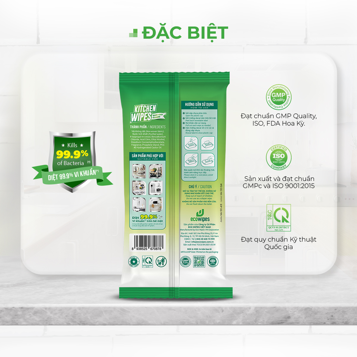 Khăn giấy ướt lau bếp Ecowipes khổ lớn 30x20 cm Kitchen Wipes gói 42 tờ loại bỏ dầu mỡ và vết bẩn nhanh chóng