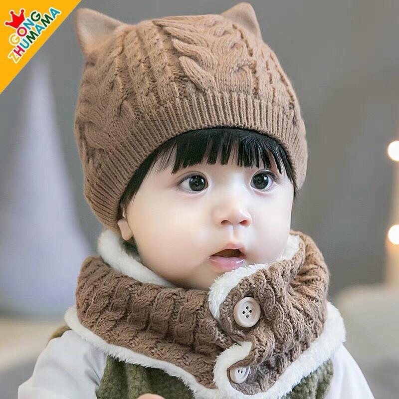 Set mũ len kèm khăn hai cúc cài cực xinh cho bé( đủ màu)