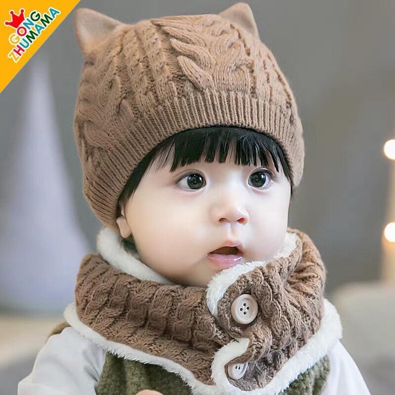 Set mũ len kèm khăn hai cúc cài cực xinh cho bé