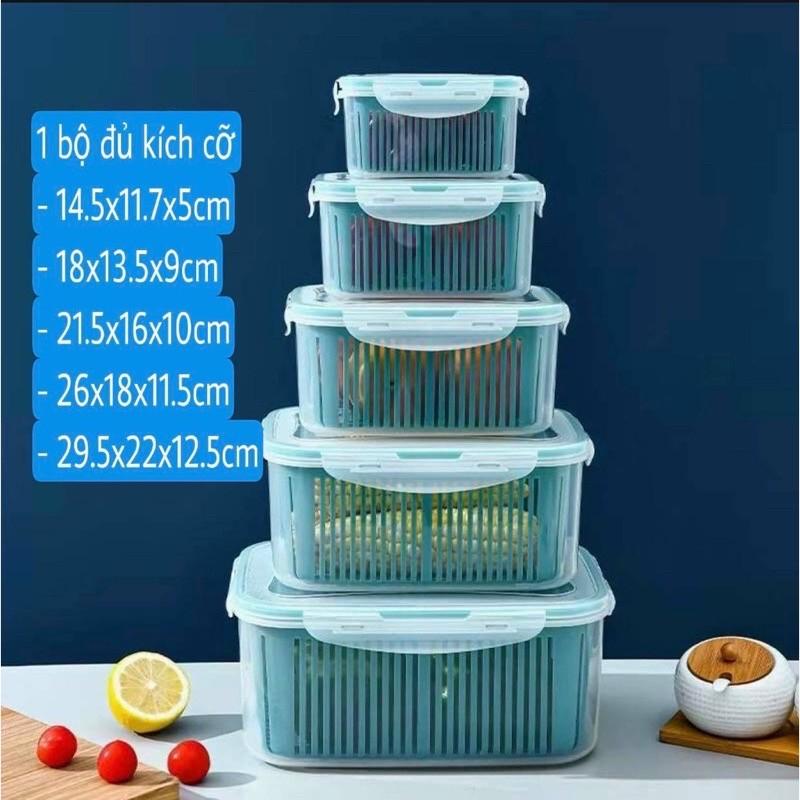 SET 5 HỘP KÈM RỔ CÓ NẮP ĐẬY HÚT CHÂN KHÔNG, BỘ 5 HỘP ĐỰNG THỰC PHẨM TÁCH NƯỚC TIỆN DỤNG