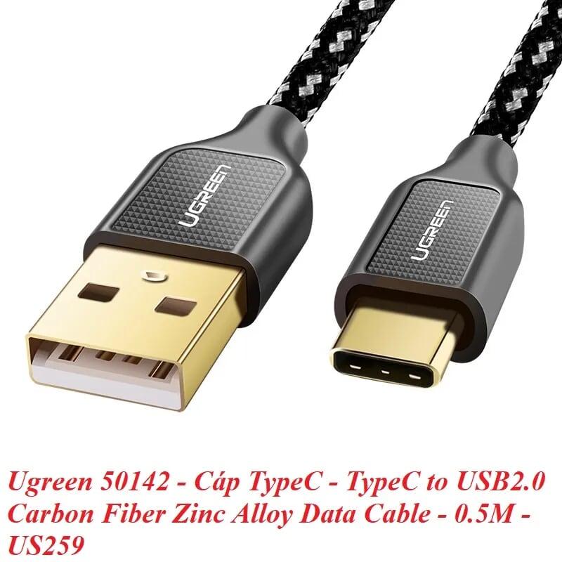 Ugreen UG50142US259TK 0.5M màu Đen Cáp sạc truyền dữ liệu USB 2.0 sang TYPE C vỏ bọc lưới đầu mạ vàng - HÀNG CHÍNH HÃNG