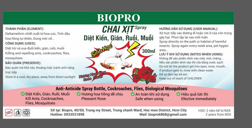 Thuốc xịt sinh học Diệt kiến Diệt gián Diệt ruồi Diệt muỗi Biopro Hương hoa hồng dịu nhẹ, an toàn, hiệu quả dài lâu