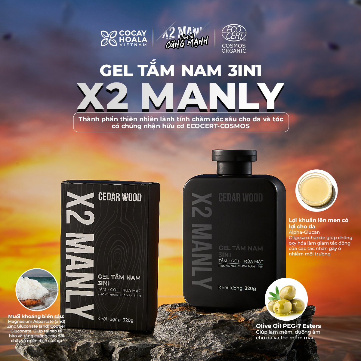 Gel Tắm Nam X2 Manly 3n1 Cocayhoala - Sữa tắm gội toàn thân hương nước hoa nam tính - 320g