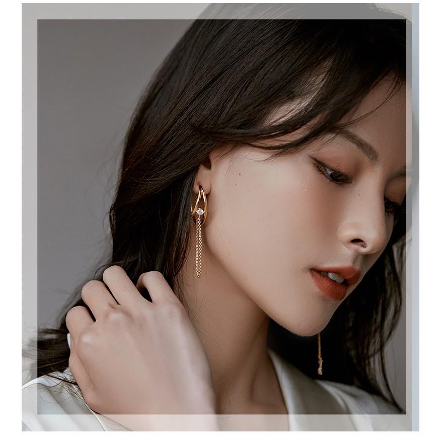 Bông tai tua rua bất đối xứng dạng nhẫn đôi mạnh mẽ và tôn lên khuôn mặt gầy theo phong cách Hàn Quốc - E00001