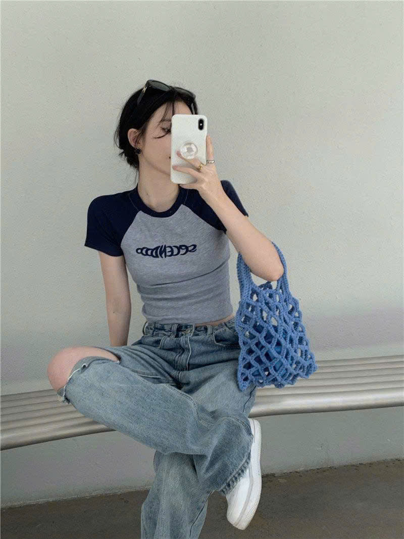 Áo croptop kiểu nữ 2N Unisex SÊCEN tay ngắn màu xám phối xanh