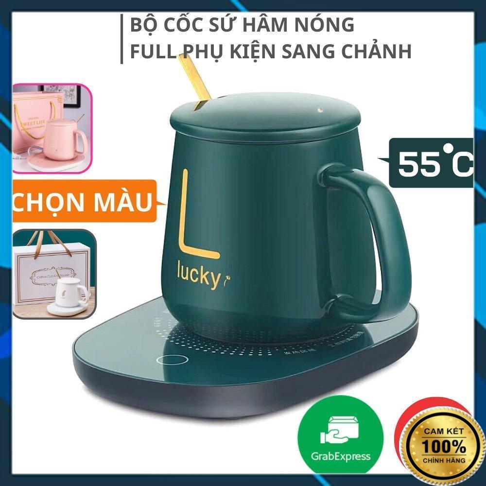 Bộ Cốc Ly Sứ Hâm Nóng Lucky Thông Minh Cao Cấp, Kèm Đế Điện Hâm Cafe, Sữa, Trà Tặng Kèm Thìa Mạ Vàng Tiện Lợi