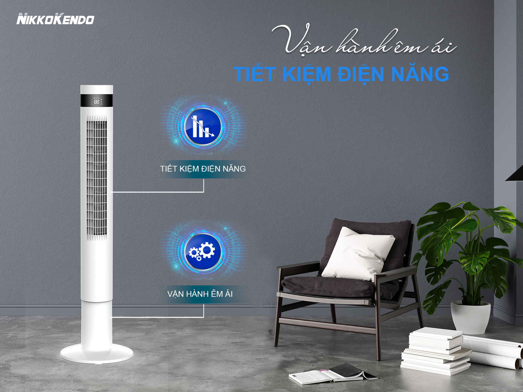 Quạt tháp Nikkokendo FT-14 có remote hẹn giờ màu đen trắng xoay 90 độ - Hàng chính hãng