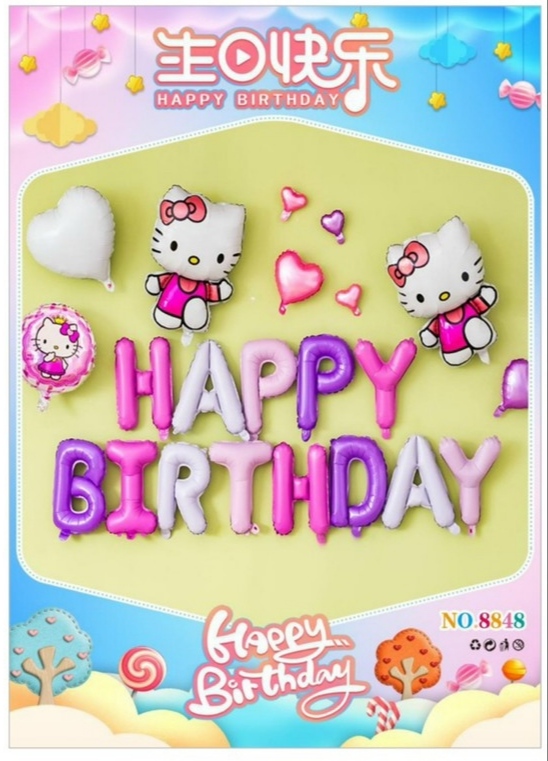 Set bong bóng tráng nhôm trang trí sinh nhật, sự kiện cho bé chủ đề Mèo Hello Kitty tông màu tím hồng