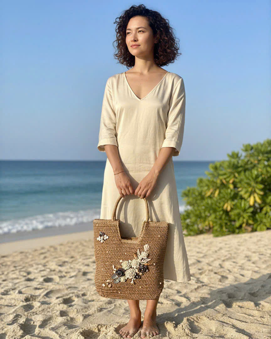 Giỏ Cói Giấy Mềm Dáng Tote Gắn Vỏ Sò, Giỏ Cói Tote Lan Châu ACC142