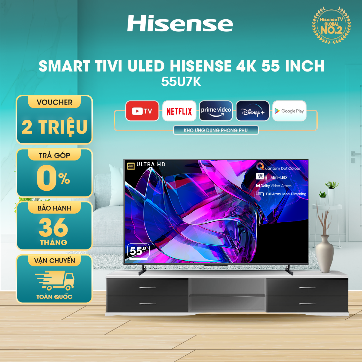 Smart Tivi ULED Hisense 4K 55 inch 55U7K tìm kiếm bằng giọng nói có tiếng Việt, bảo hành 3 năm - HÀNG CHÍNH HÃNG