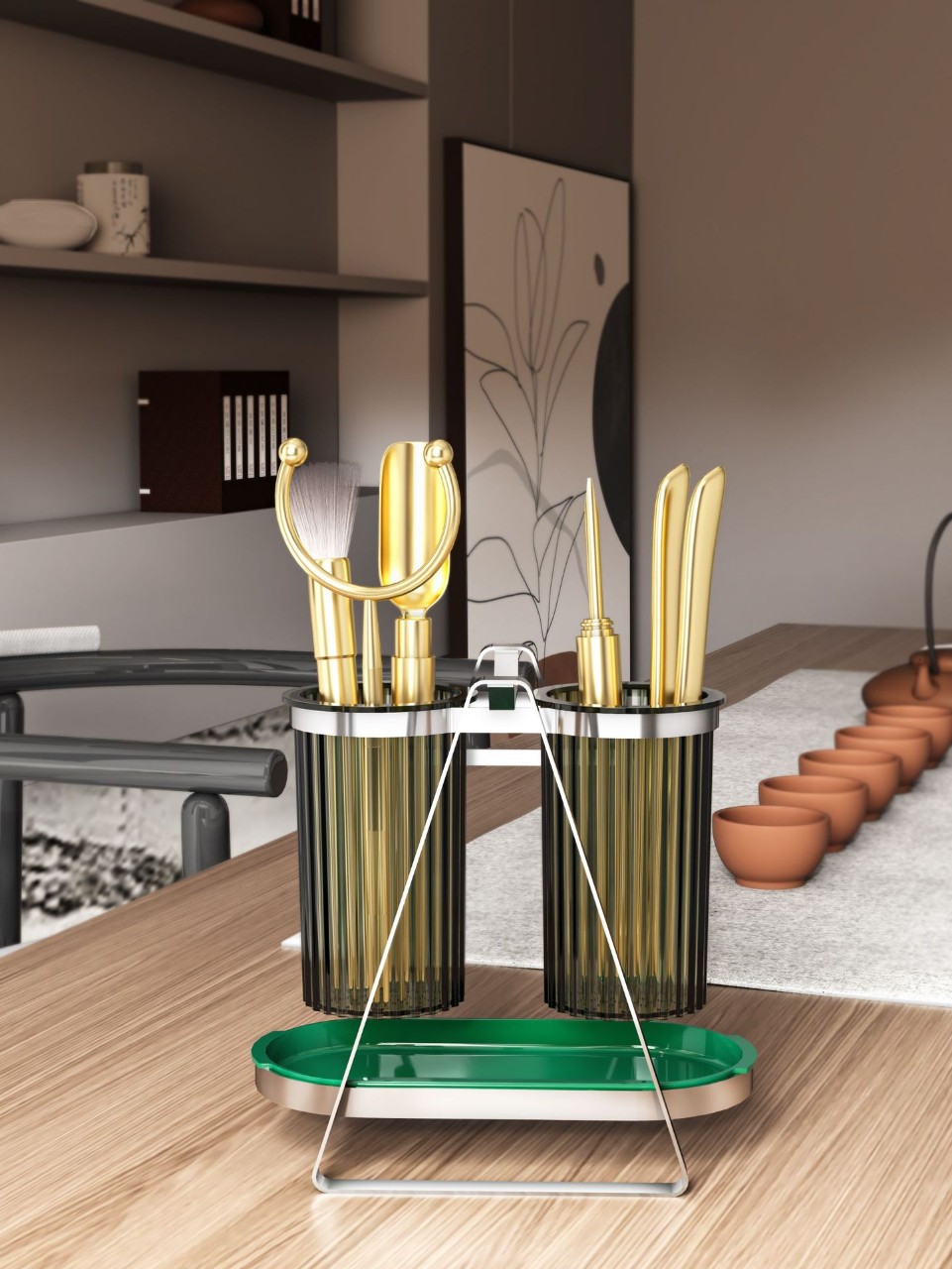 Kệ Đựng Đũa Thìa Dĩa 2 Ngăn xanh cổ vịt Inox 304 Cao Cấp - Có Thể Dán Tường