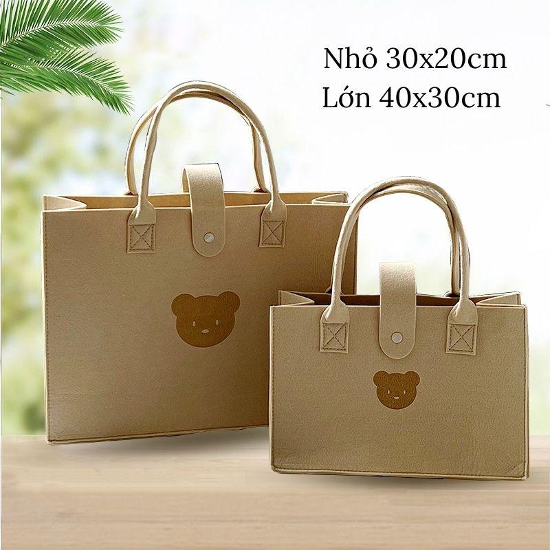 Túi xách nữ vuông cầm tay hình gấu màu trà sữa chất nỉ siêu cute