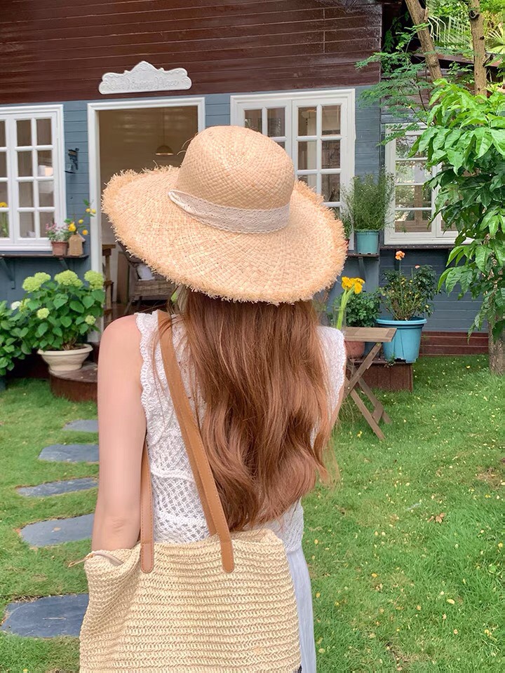 Nón cói rơm dây nơ ren vành xước vintage