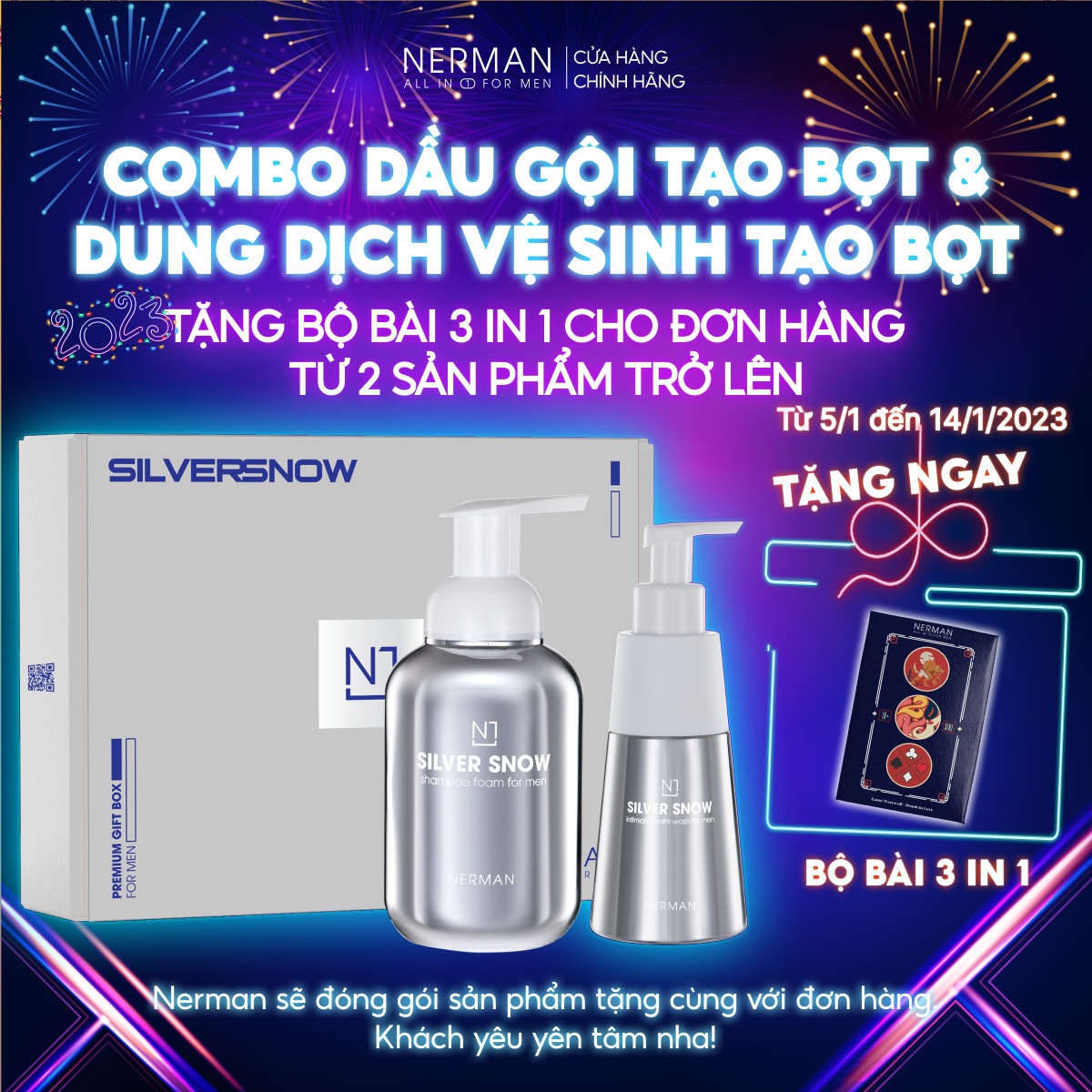 Combo Dầu gội tạo bọt 350g &amp; Dung dịch vệ sinh tạo bọt 200g Nerman hương nước hoa Pháp