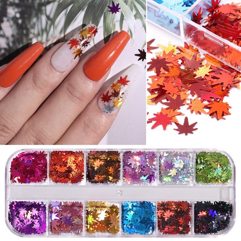 Khay lá phong nail mix 12 màu , Sticker họa tiết lá phong trang trí móng chuyên dụng