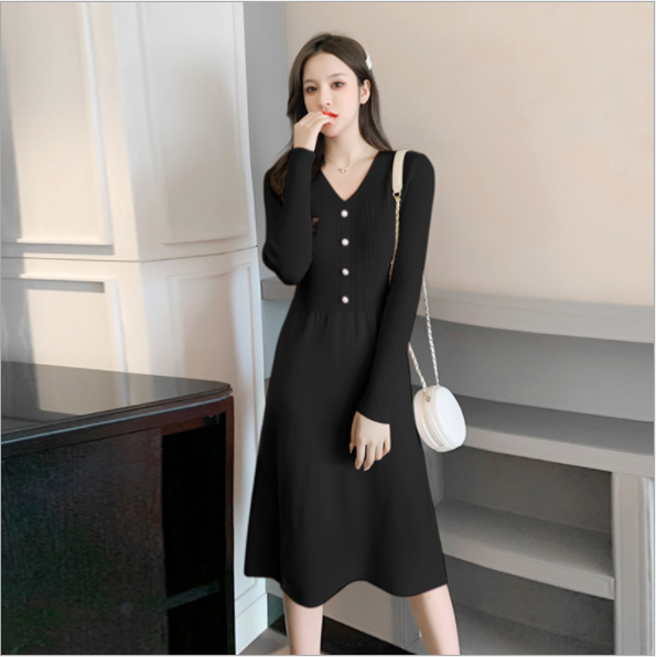 Váy len gân cổ tym basic Đầm len dáng suông chất len dày dặn AH77