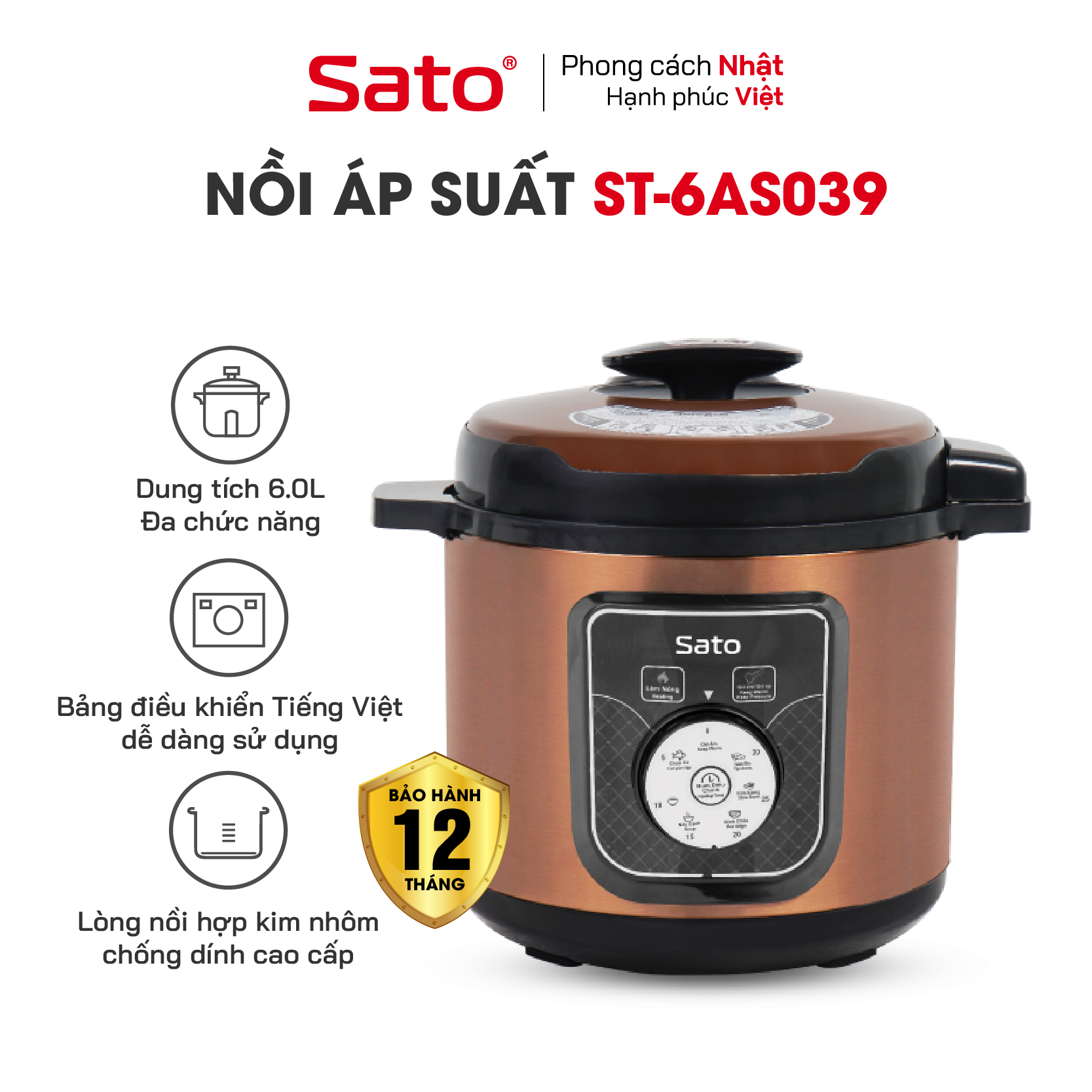 Nồi áp suất đa năng SatoAlpha 6AS039 6.0L - Lòng nồi bằng hợp kim nhôm chống dính cao cấp, an toàn sức khỏe. Bảng điều khiển Tiếng Việt dễ hiểu khi dùng với van xả áp, van khóa hiện đại - Miễn phí vận chuyển toàn quốc - Hàng chính hãng