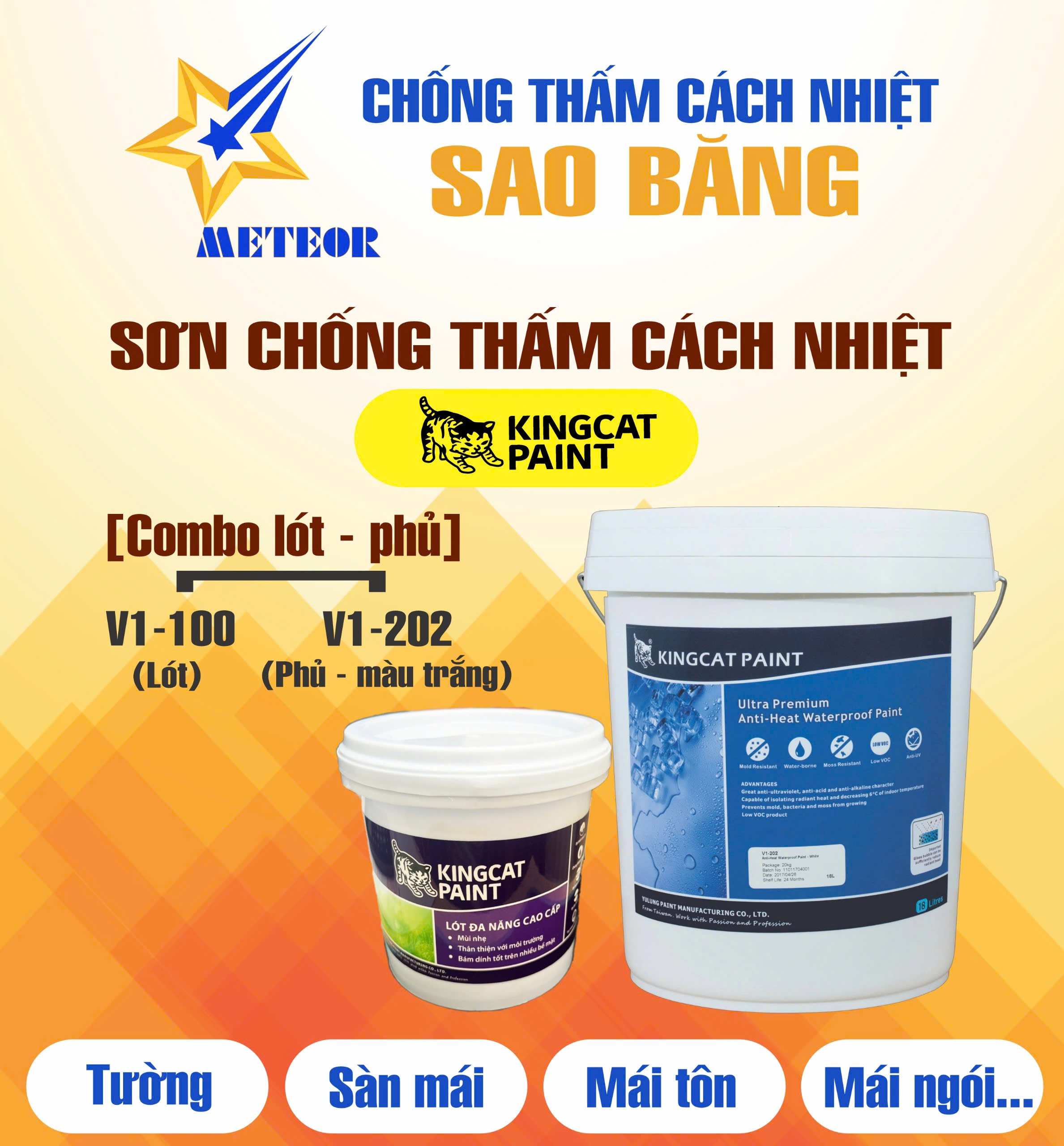 (Bộ sơn lót 1L - phủ 3,8L) Sơn Chống Thấm Cách Nhiệt KINGCAT Lót V1-100 &amp; Phủ V1-202 - Cho MÁI TÔN, tường ngoài, sàn mái, .... thi công được 10-15m2