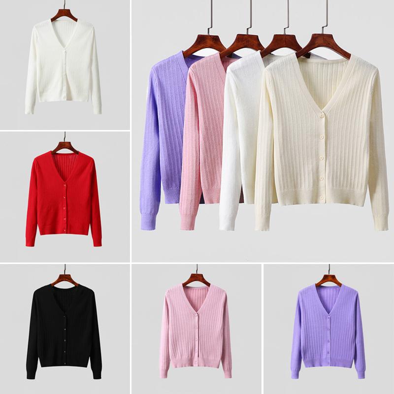 Women Solid Knitted Cardigan Coat Buttoned Front V Neck Long Sleeves Ribbed Autumn Spring Sweater Knitting Coat