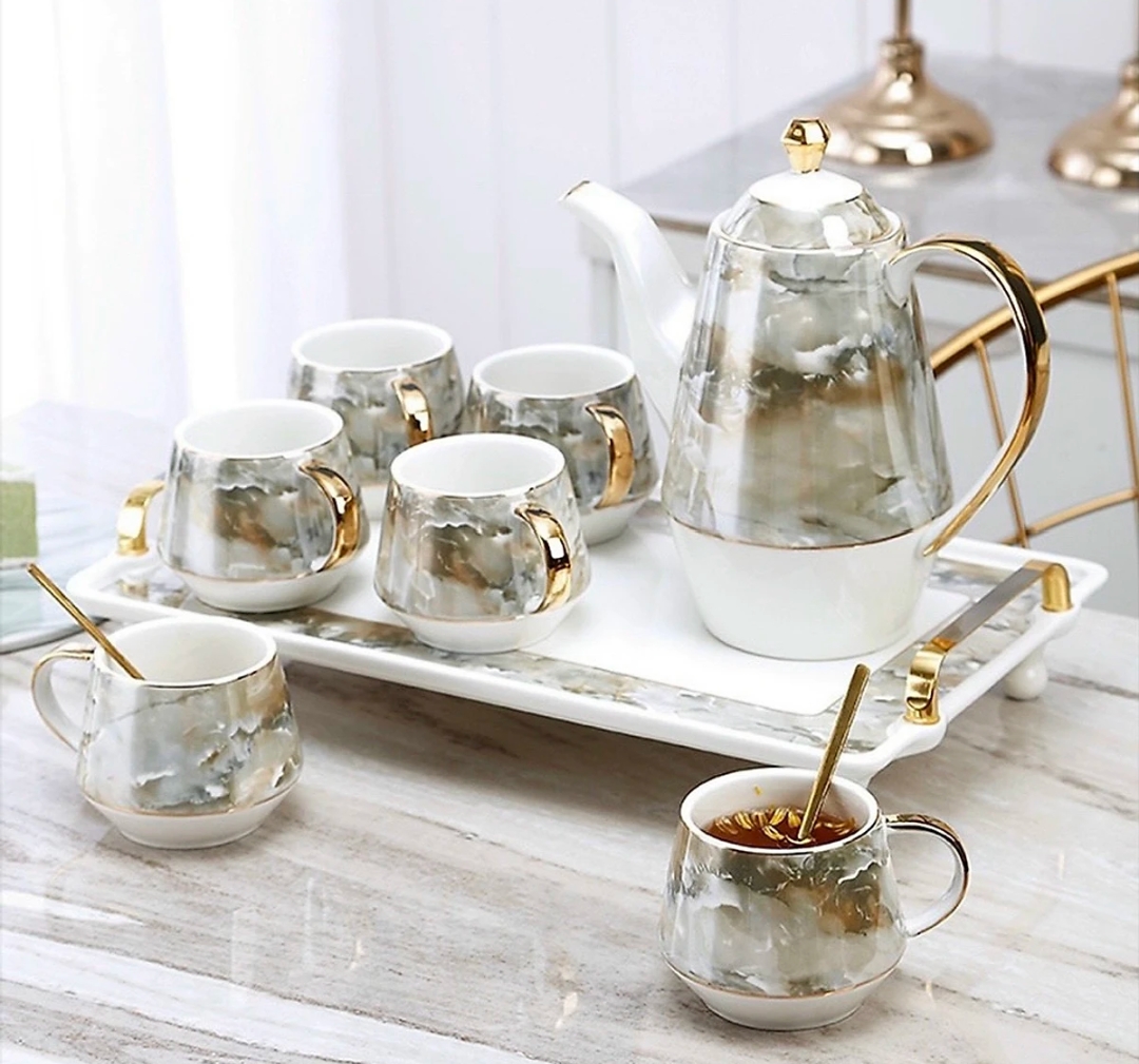 Bộ bình trà kèm khay vân đá viền vàng cao cấp sang trọng