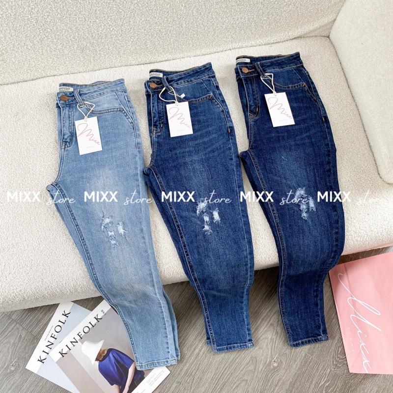 Quần jean nữ skinny rách xước lưng cao ngang rốn chất dày dặn co giãn thoải mái phom 9 tấc