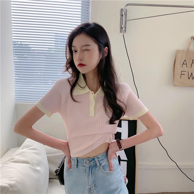 Áo len nữ Montoghi dệt kim Quảng Châu phối VIỀN VÀNG màu trơn cổ bẻ xinh xắn