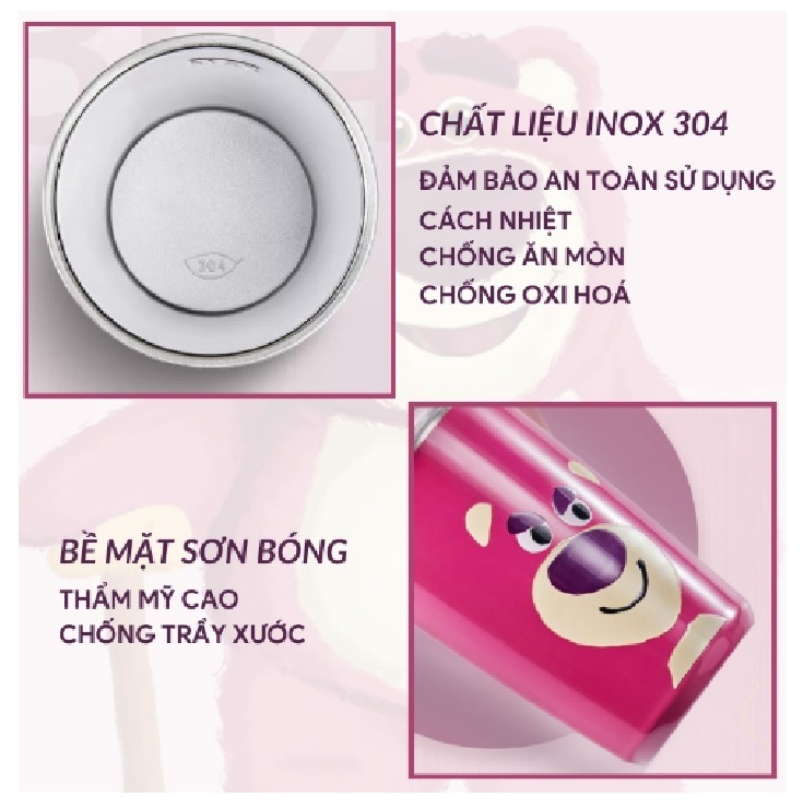 Ly Giữ Nhiệt Gấu Dâu LOTSO 450ml, Cốc Giữ Nhiệt Gấu Hồng Kèm Ống Hút Inox Xinh Xắn