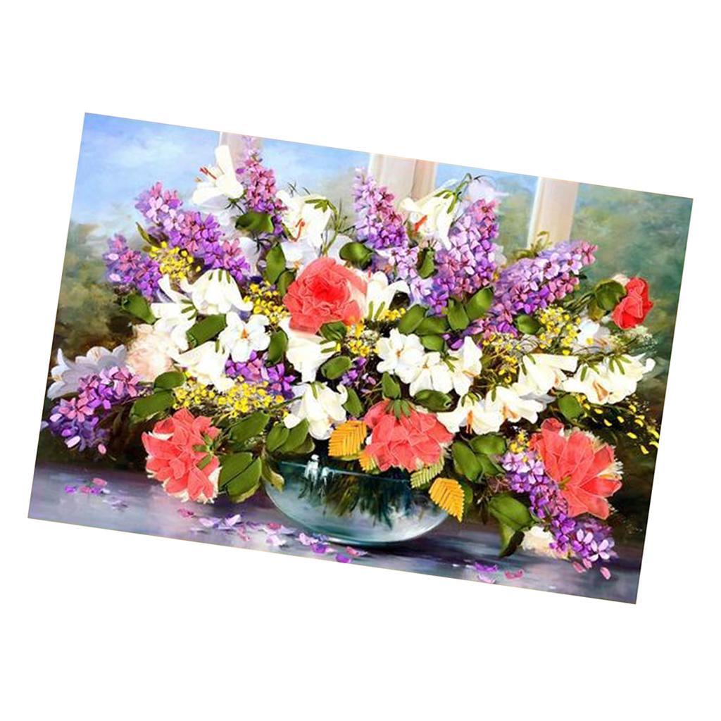 Ribbon Embroidery Kit Cross Stitch Painting Colorful Flower DIY Needlework