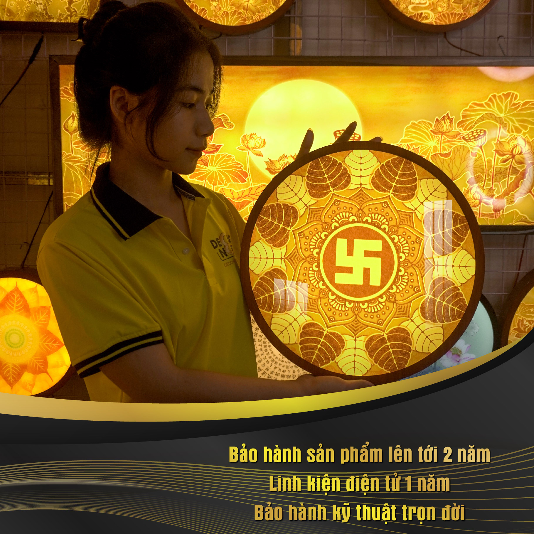 Đèn Hào Quang Phật In Tranh Trúc Chỉ DECORNOW 30,40 cm, Trang Trí Ban Thờ, Hào Quang Trúc Chỉ CHỮ VẠN DCN-TC9