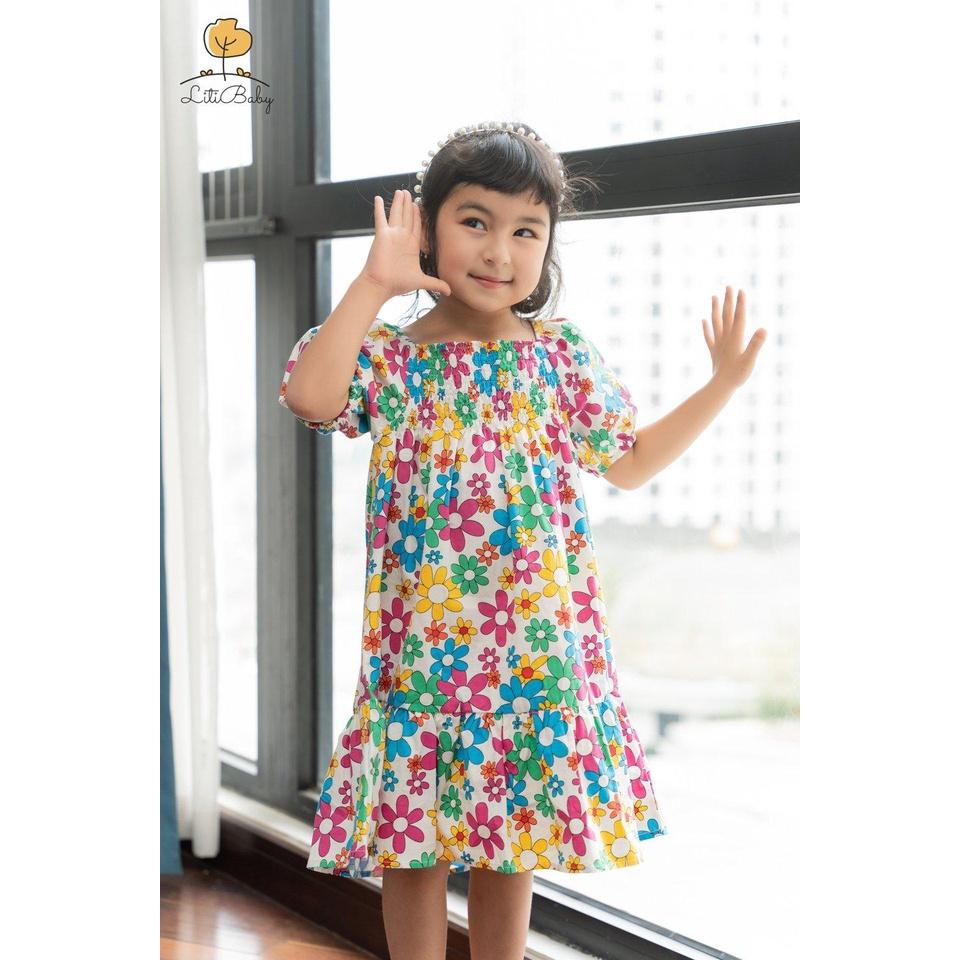 : Váy Ngắn Tay Thô Hoa Dúm Ngực VT2301 Thương Hiệu Litibaby Size 2-12, Dành Cho Bạn Từ 11kg-31kg