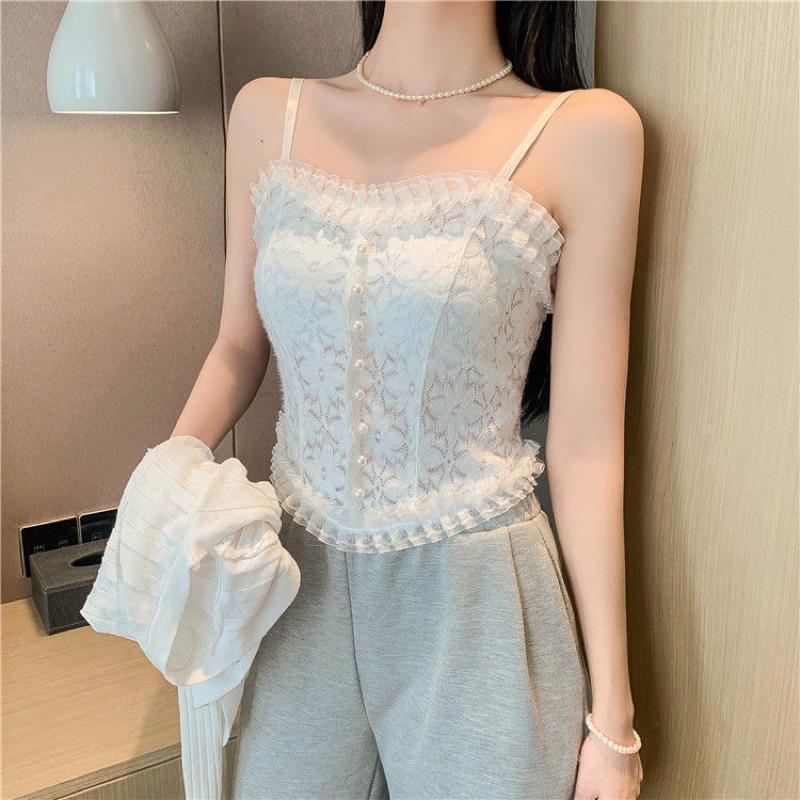 Áo hai dây nữ khuy ngọc phối ren có đệm ngực chun lưng hàng QC