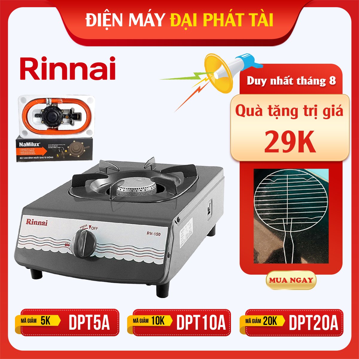 Bếp Ga Đơn Rinnai RV-150 + Tặng kèm 1 bộ dây và van gas- Hãng chính hãng