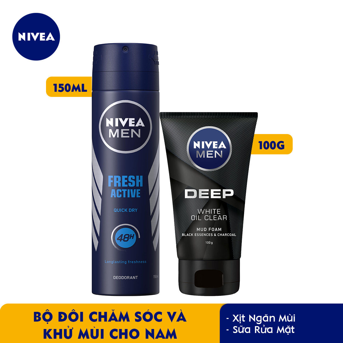 Bộ đôi Xịt Ngăn Mùi NIVEA MEN Fresh Active Tươi Mát Năng Động (150ml) - 81600 &amp; Sữa Rửa Mặt NIVEA MEN DEEP Than Đen Hoạt Tính Hút Nhờn Sáng Da (100G) - 84415