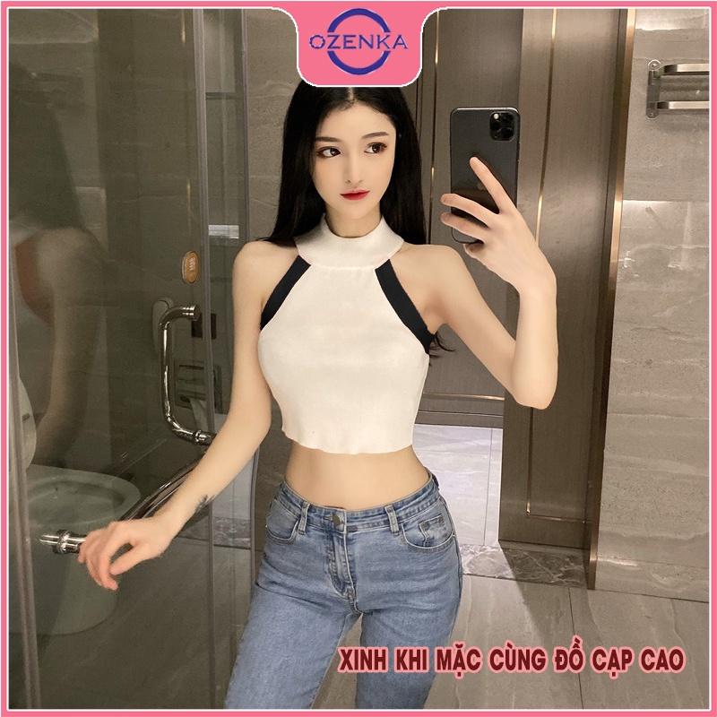 Áo croptop ôm sát nách cổ lọ nữ OZENKA , áo 3 lỗ cải màu chất thun gân cao cấp 100% cotton đen trắng