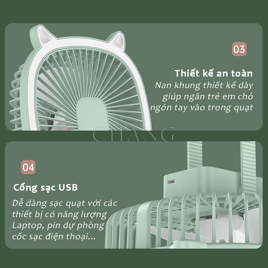Quạt Tích Điện Để Bàn, Treo Tường Mini Có Đèn Led Chiếu Sáng, Sạc Pin USB Điều Chỉnh 3 Tốc Độ Gió