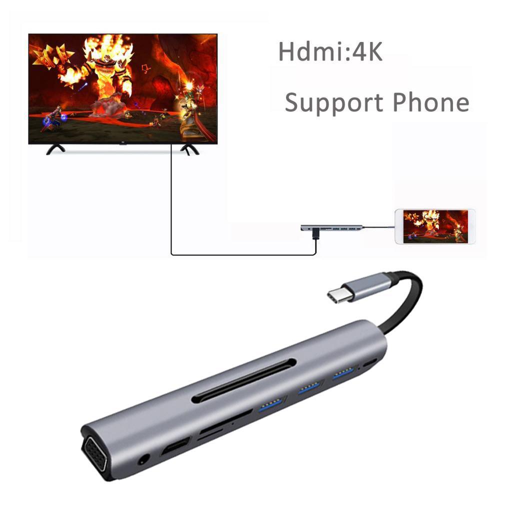Type C Docking Station USB C to 4K VGA USB3.0 TF Audio Adapter Gray