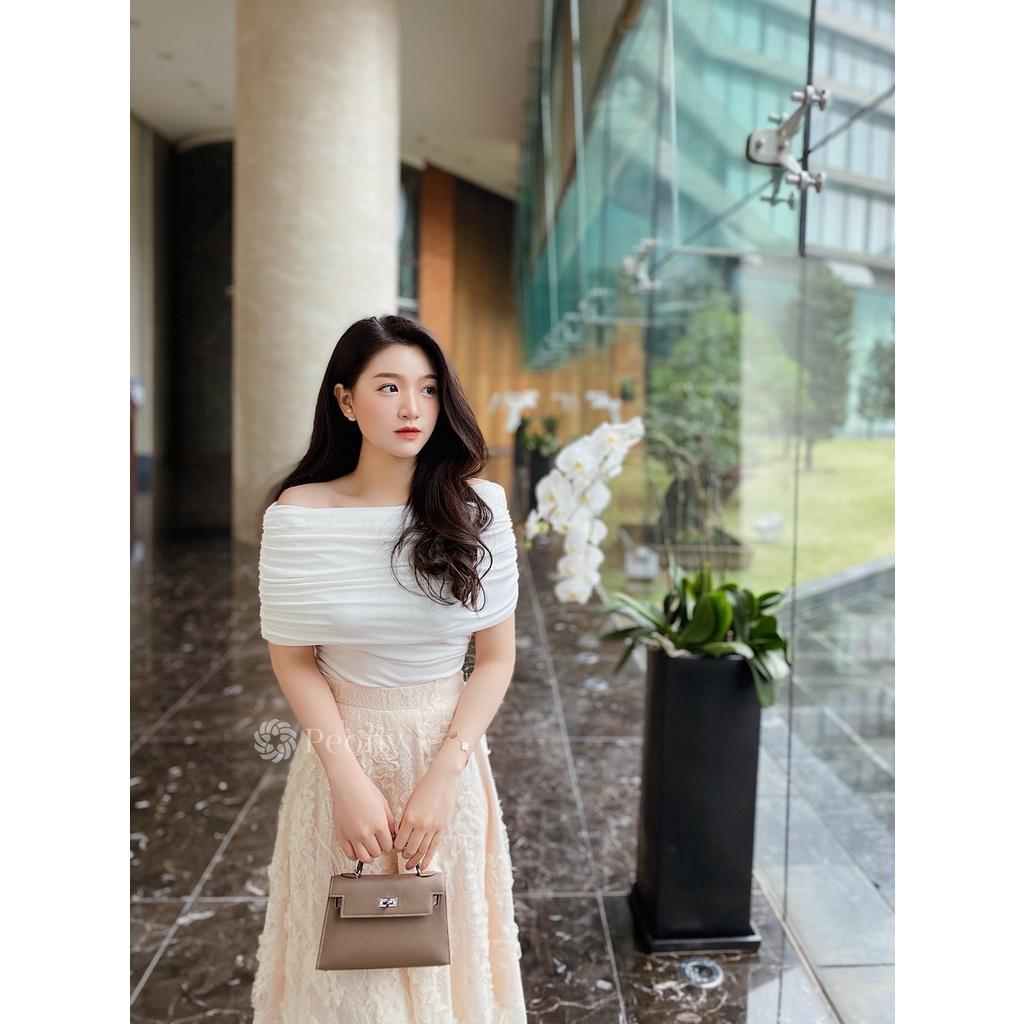 Áo trễ vai ngang bản to dúm sành điệu, 3 màu, hot trend, co giãn tốt Peony - LUAH TOP