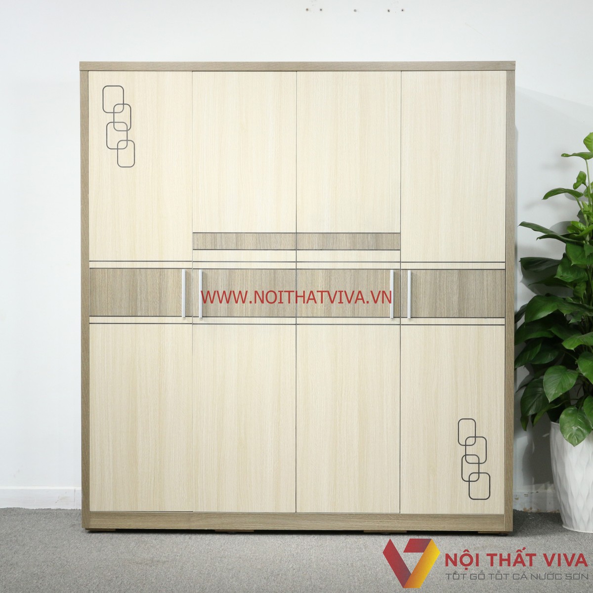 Tủ Quần Áo 4 Cánh Gỗ MDF Màu Xám Vân Gỗ Chạy Chỉ Chạm Họa Tiết Tinh Xảo Đẹp