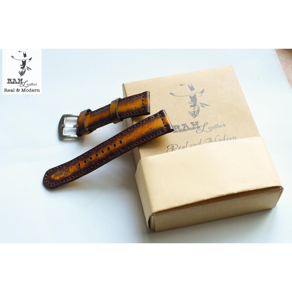 Dây đồng hồ RAM da bò thảo mộc vegtan Ý bền chắc - Ram classic 1970 socola nền vàng