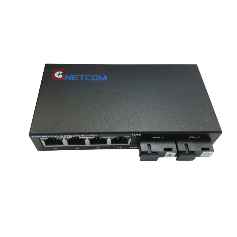 Switch quang PoE chuyển tiếp Gnetcom HL-2F4EP-SC | 2 port fiber,4 lan 10/100MB - Hàng Chính hãng