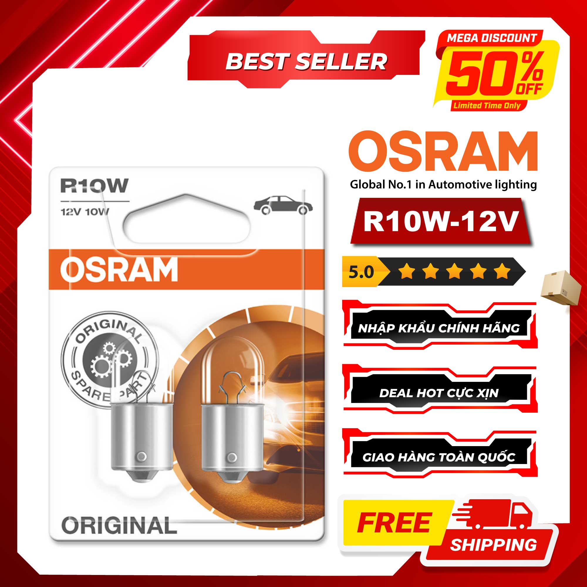 Combo 2 Bóng Đèn Xi Nhan 1 Tim OSRAM Original R10W 12V 10W (Chân Thẳng)