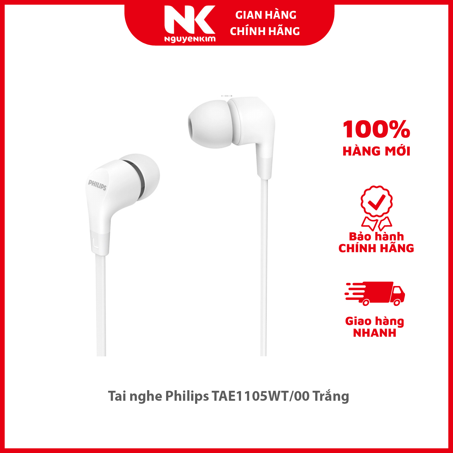 Tai nghe Philips TAE1105WT/00 Trắng - Hàng Chính Hãng