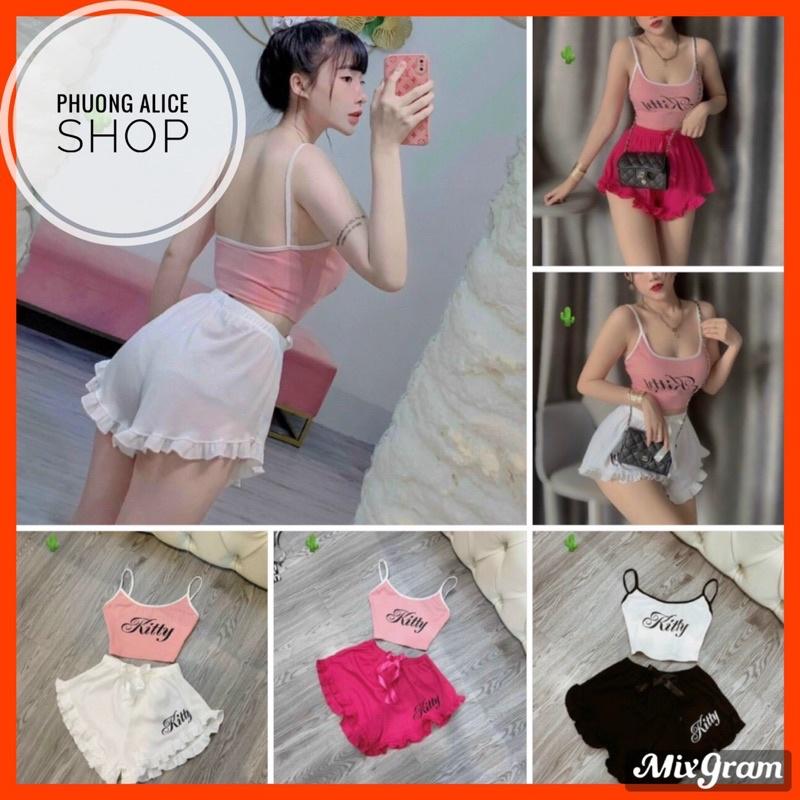 HOT Sét bộ ngủ 2 dây viền sexy chất thun gân tăm mềm mát