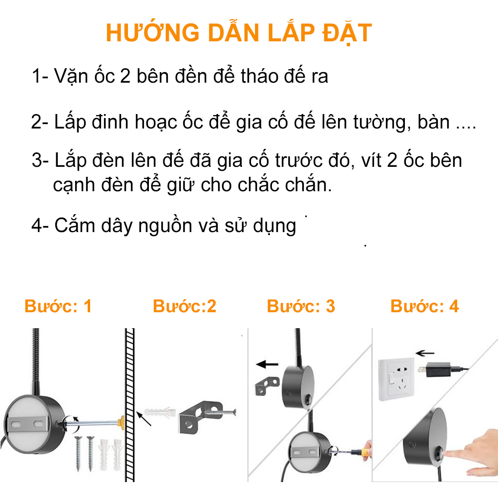 Đèn đọc sách đầu giường Led 3W - USB 5V, Đèn soi tranh, Đèn rọi trang trí Văn phòng, Nhà hàng, Khách sạn, Showroom