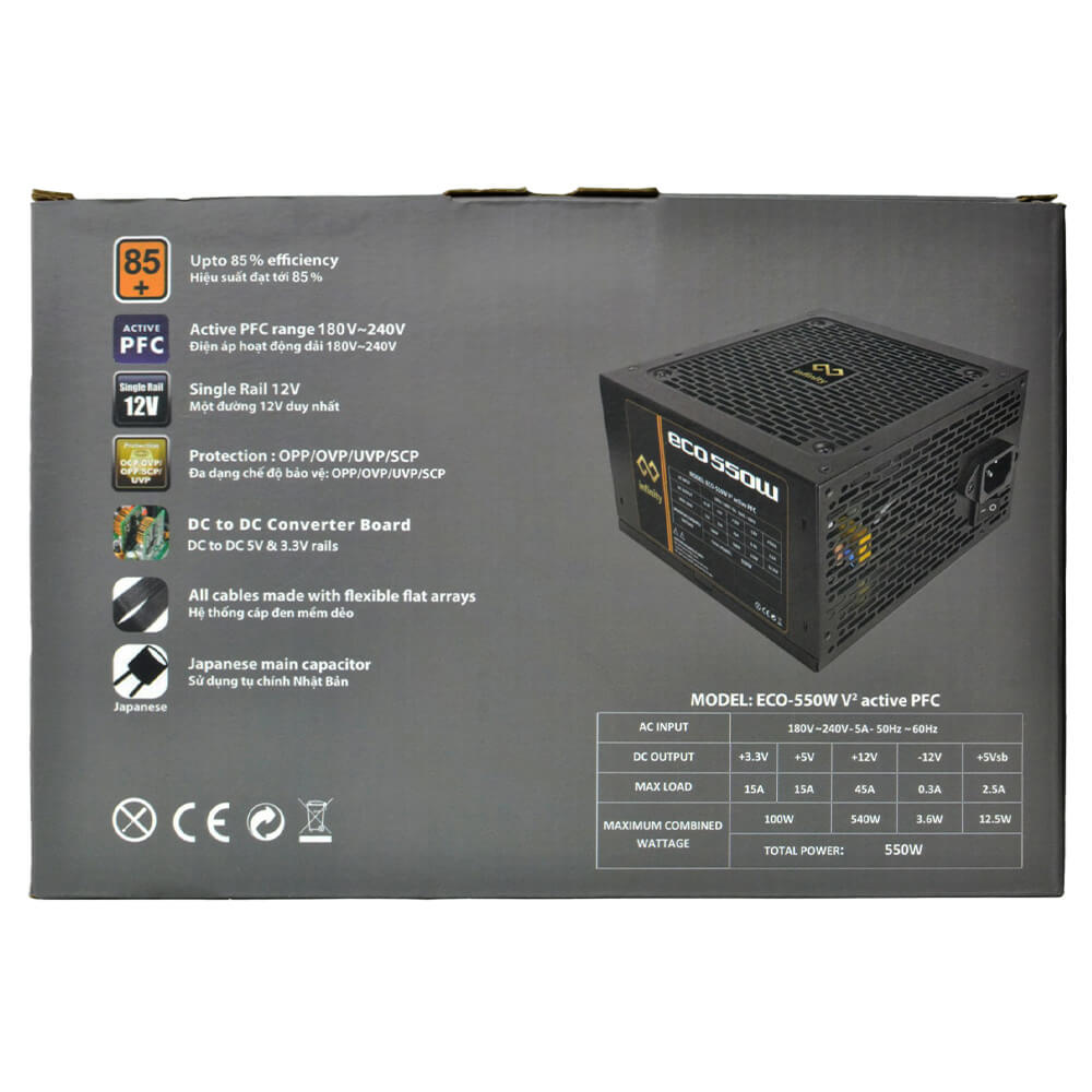 Bộ nguồn máy tính Infinity ECO 550W V2 – DC to DC – Hiệu suất 85% – Active PFC – Single Rail_ HÀNG CHÍNH HÃNG