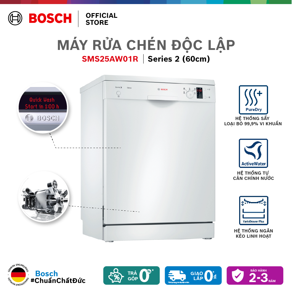 Máy Rửa Chén Bát Độc Lập 12 Bộ Bosch SMS25AW01R - Series 2 (60cm) - Hàng chính hãng