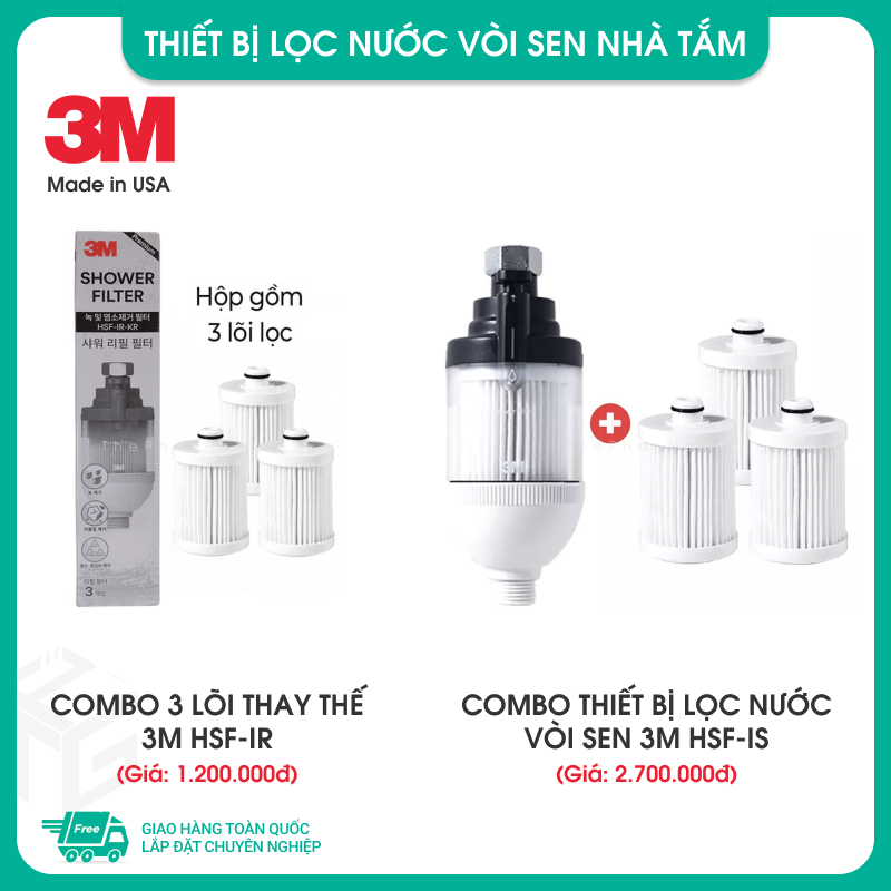 [MIỄN PHÍ GIAO HÀNG] COMBO Thiết Bị Lọc Nước Vòi Sen Nhà Tắm Mỹ 3M HSF-IS + Kèm 3 Lõi Lọc, Công Suất 72.000L, I.M.P.A.C.T Filtration, Có bán lõi thay thế (3M HSF-IR) - Hàng Chính Hãng 3M