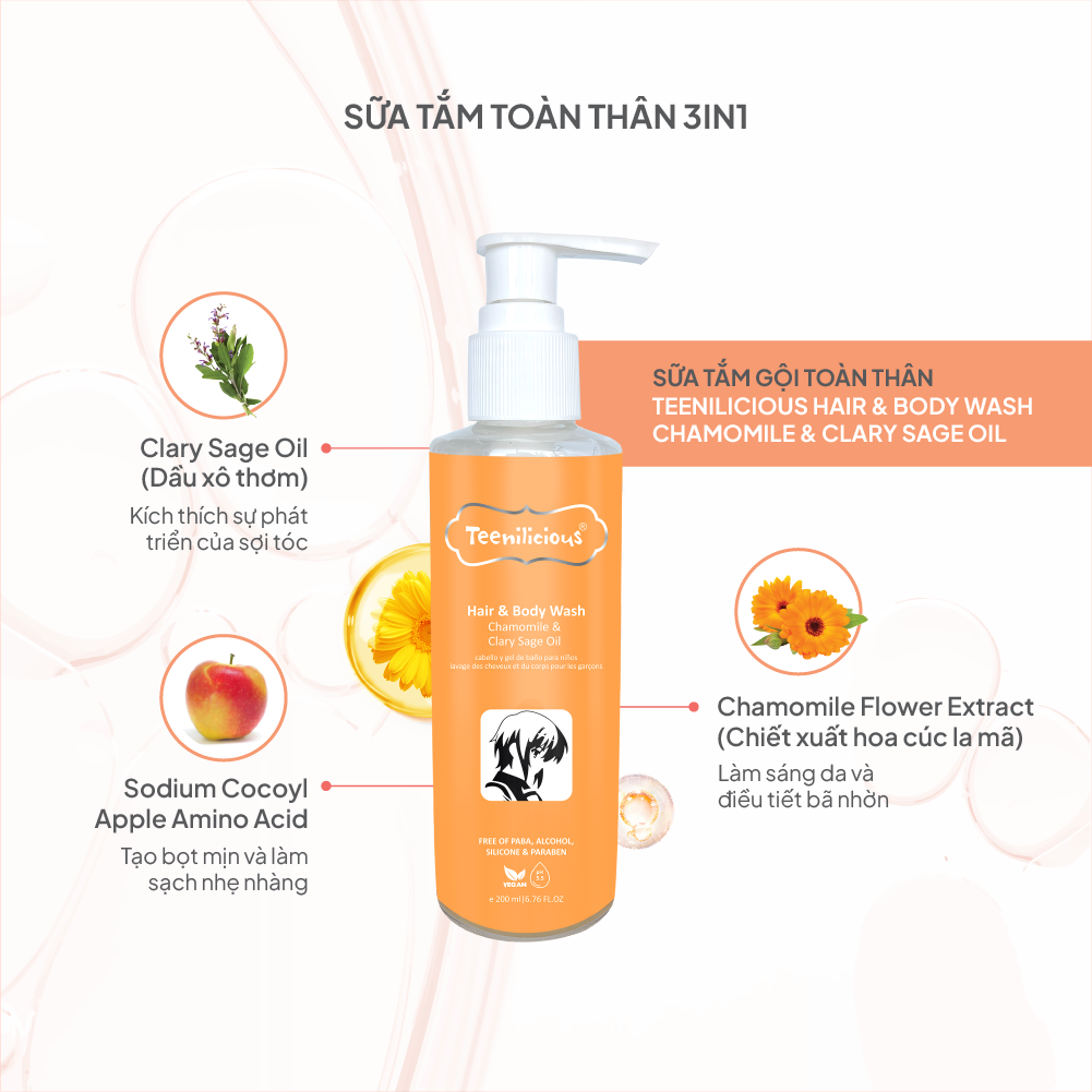 [Mini] Sữa Tắm Gội Toàn Thân Teenilicious Hair &amp; Body Wash Chamomile &amp; Clary Sage Oil Giúp Nuôi Dưỡng Tóc  - 15ml