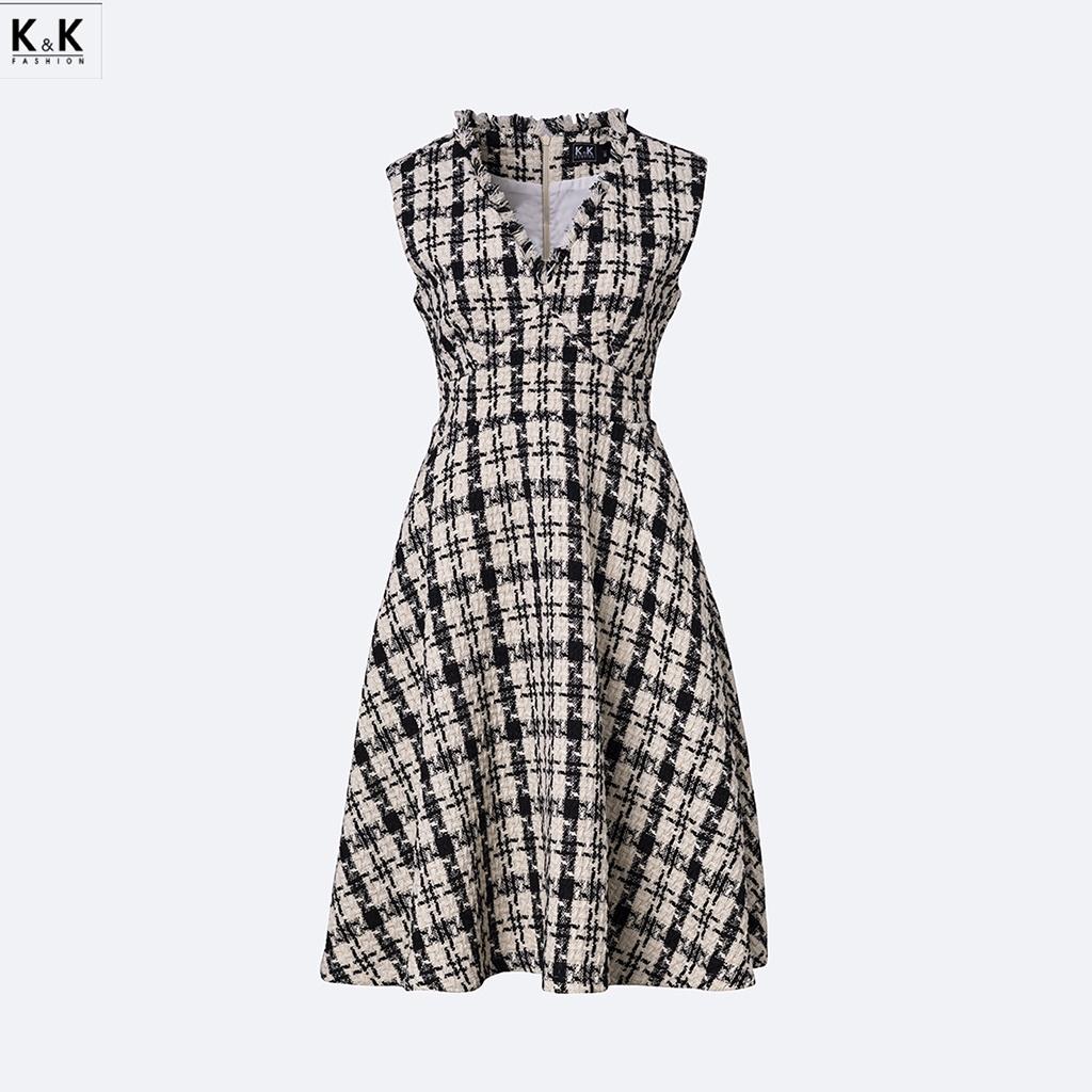 Đầm Xòe Cổ V Vải Tweed K&amp;K Fashion KK130-20 Sát Nách