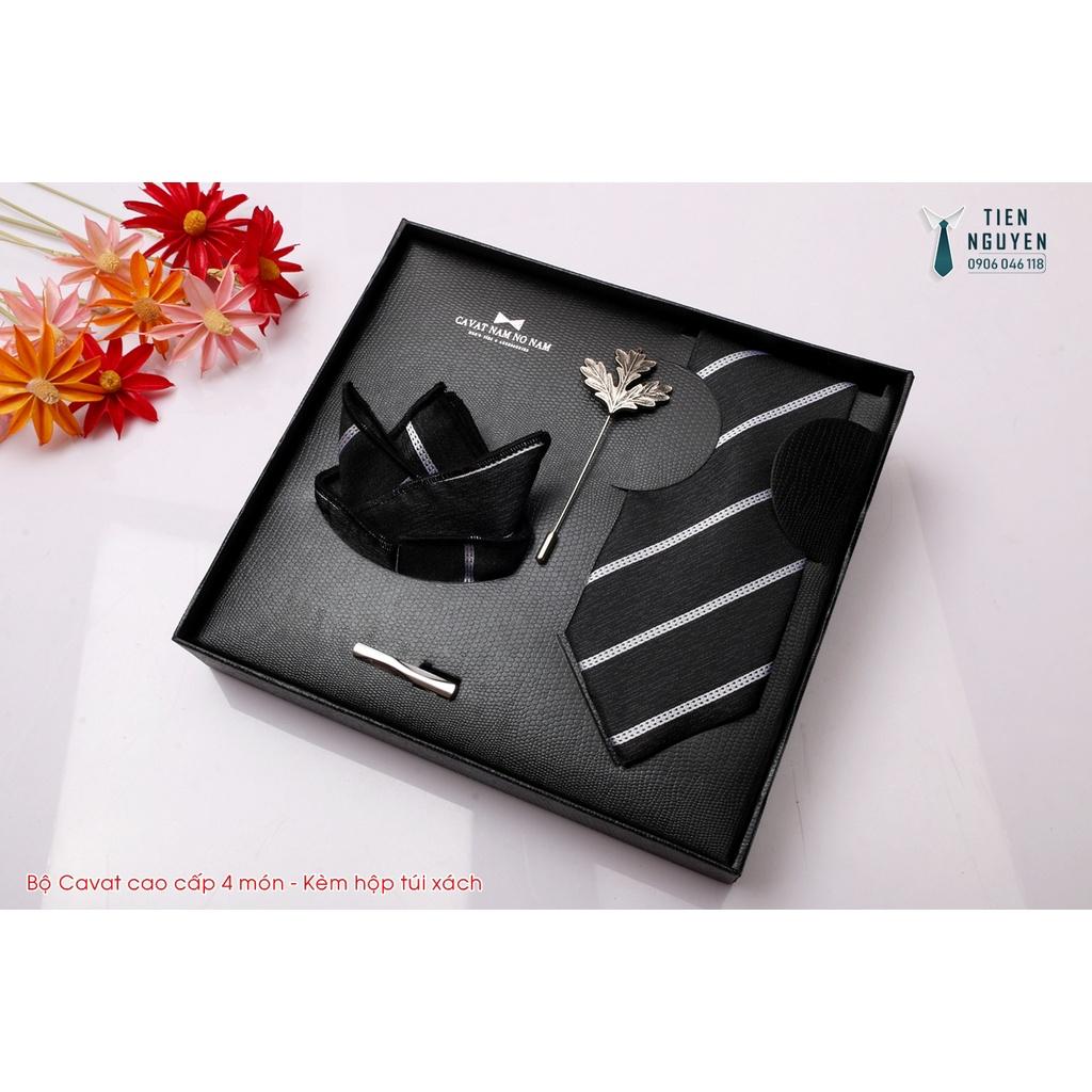 Cavat Bộ Cao Cấp Hàn Quốc 4 món Phụ Kiện - Full box kèm túi xách , Cavat kẻ sọc